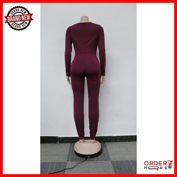 Bodycon Jumpsuit Long Sleeve Deep V-Neck Cut Out Back Zipper Club Party - Picture 8 of 8